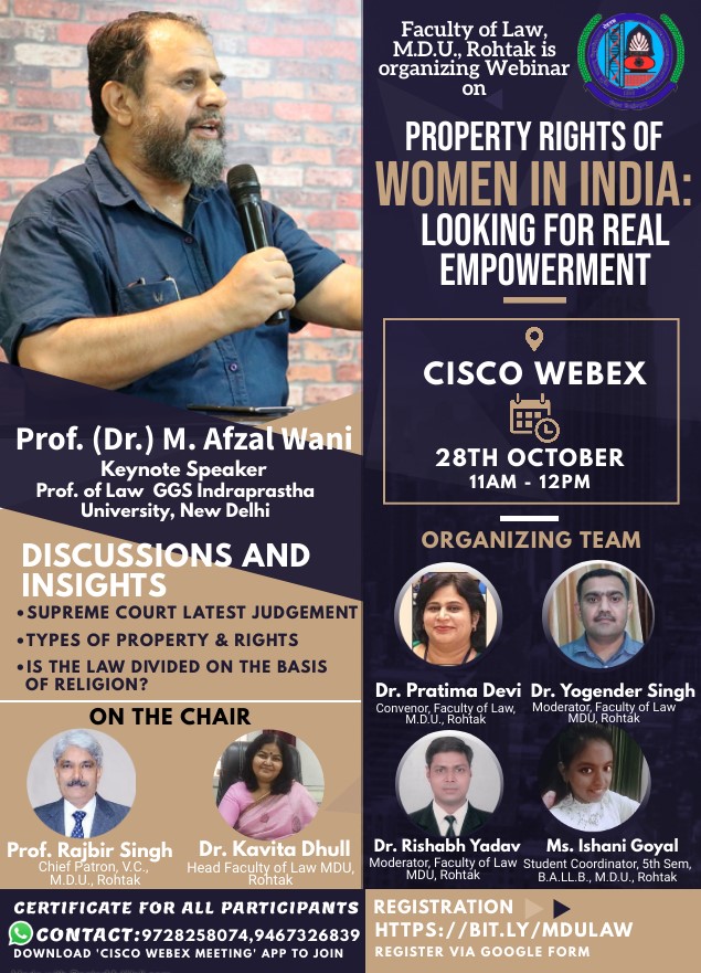 Webinar by Faculty of Law, M.D.U., Rohtak: Property Rights of Women In India